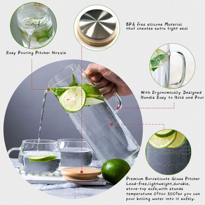 hjn Glass Pitcher with Lid Glass Water Carafe with Handle, Fridge Water Jug Cold or Hot Beverages, Iced Tea, Milk, Juice 1500ml/51oz & bamboo lid - Image 3
